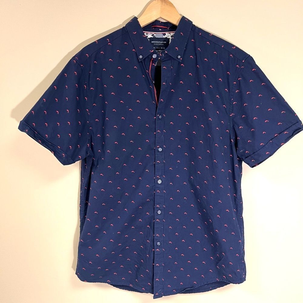 Denim & Flower Navy Short-Sleeve Button-Down Shirt with Pink Micro Print